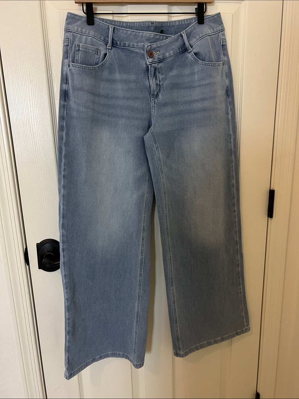 Halara Jeans Asymmetrical High Rise Mid Light Blue Wide Leg Stretchy Like New